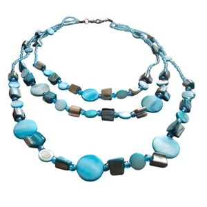 three-layer necklace of flat shells in turquoise and gray